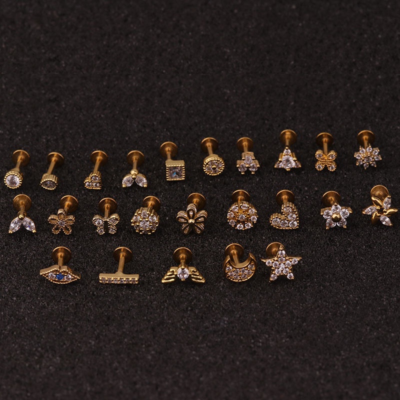 1Pc Gold Silver Square Flower Shape Stainless Steel Zircon Stud Earrings Cute Tragus Ear Stud Piercing Body Jewelry