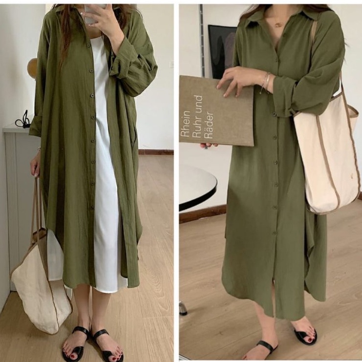 1964 baju Long skirt TRENDY full kancing depan lengan panjang polos kerah import wanita terbaru Paka