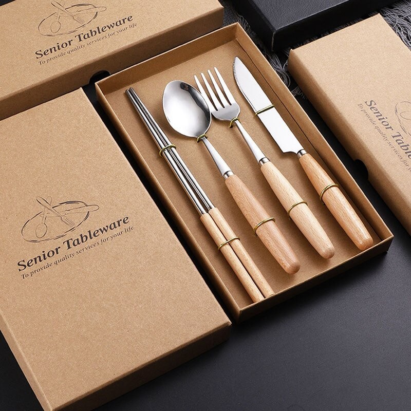 Set Perlengkapan Makan Sendok Garpu Pisau Sumpit Wooden Handle - KA202 - Brown/Silver