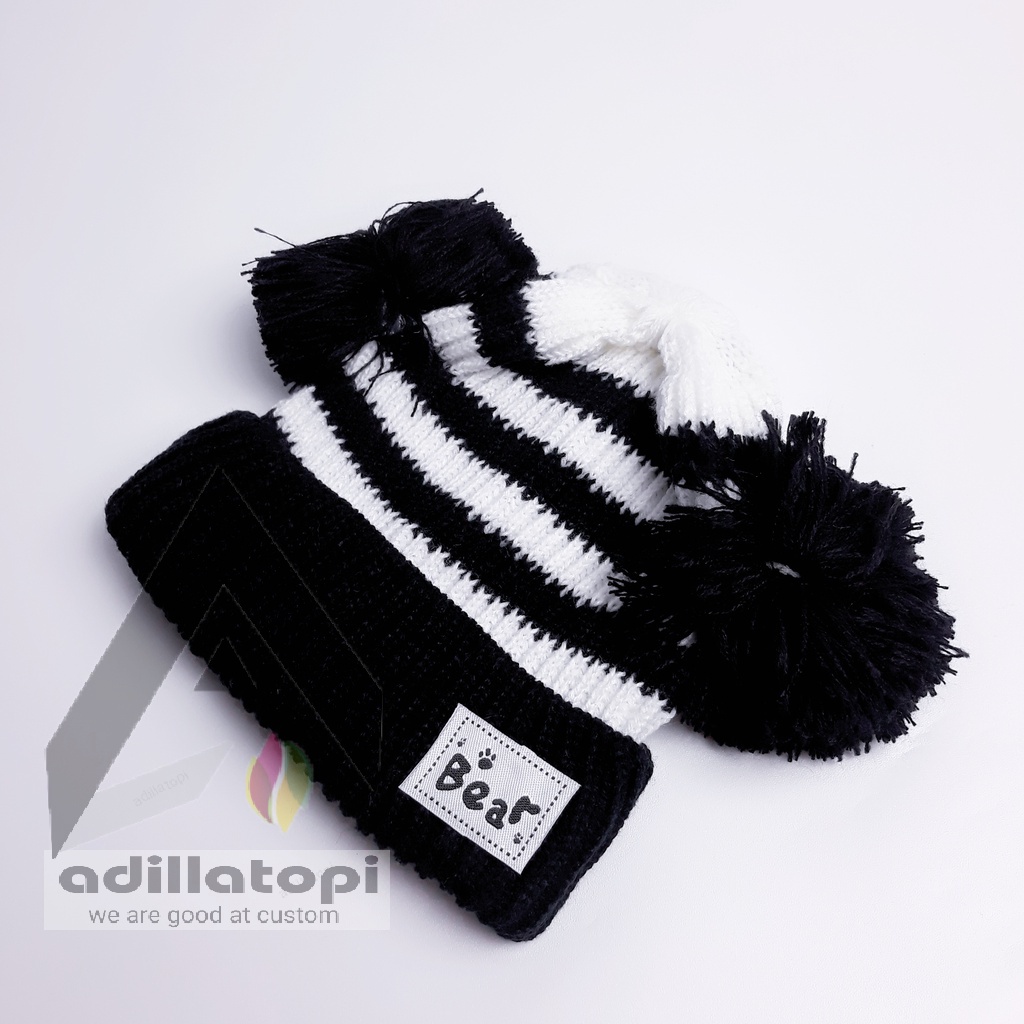 Kupluk bear belang belang gratis nama sendiri| topi kupluk bear | kupluk usia 2 tahun