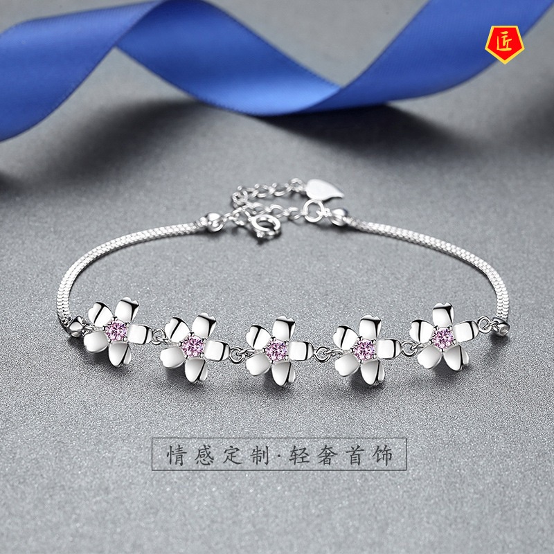 [Ready Stock]925 Silver Inlaid Pink Diamond Cherry Blossom Bracelet