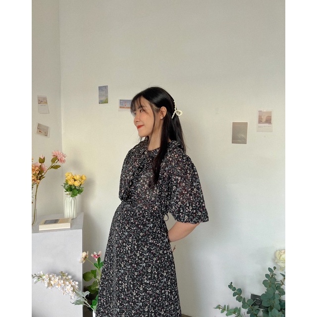 KANON - Touka Floral Dress - Dress kemeja hamil midi vintage motif bunga