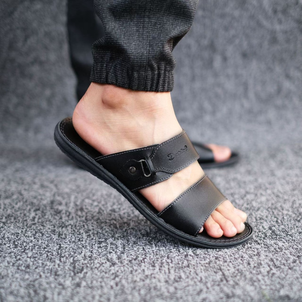 Sandal Kekinian Sendal Pria Trendy Sandal Gaya Kasual Asli Kulit Sendal slop Model Terbaru Hitam Coklat