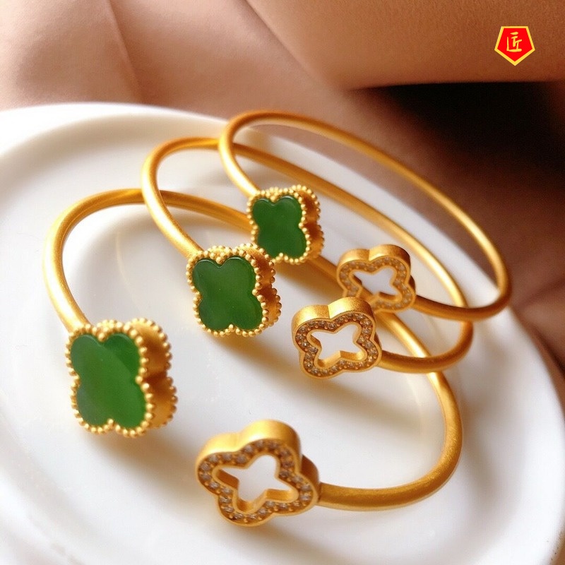 [Ready Stock]925 Silver Elegant Noble Gold Clover White Jade Bracelet