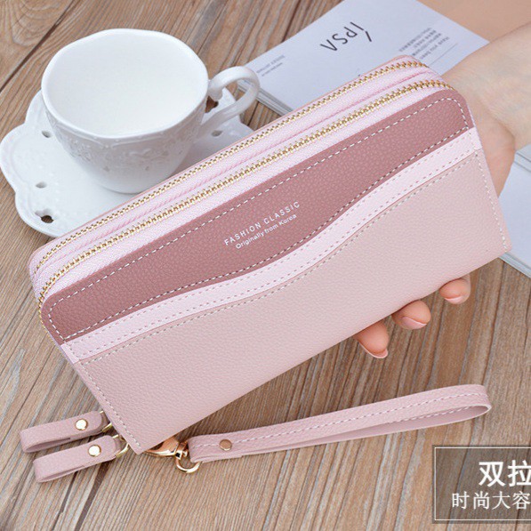 DOMPET WANITA 2 RESLETING PREMIUM PINK KULIT PESTA PANJANG IMPORT TALI KOREA MURAH LASSA WA122P3 ABG