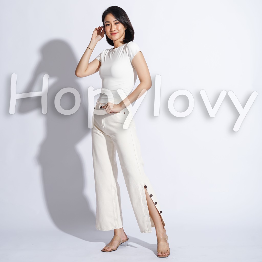 HOPYLOVY - Celana Boyfriend Jeans Model Kulot Kancing Samping Cream Arabela