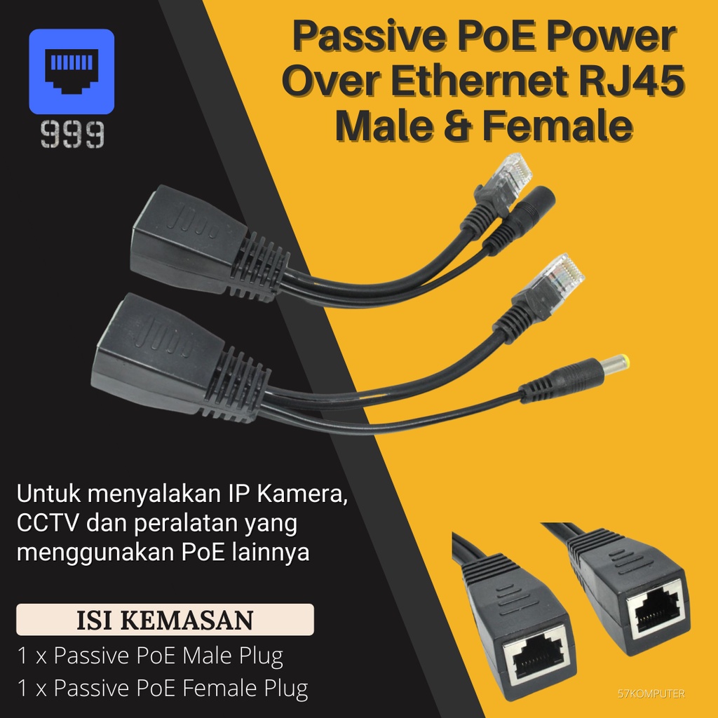 Kabel POE Splitter Sambungan Kabel Router, IP Kamera, CCTV 100MBPS POE Passive PoE Power Over Ethernet Cable with Male &amp; Female untuk mensupply tenaga melalui kabel ethernet untuk menyalakan IP Kamera, CCTV dan peralatan yang menggunakan PoE