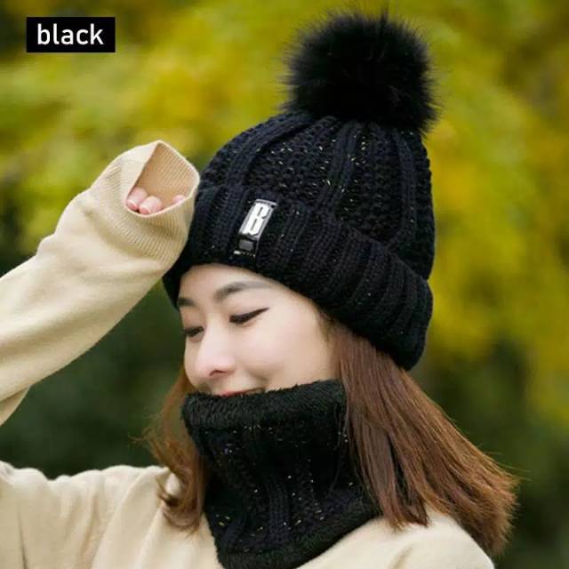 Set Topi Kupluk &amp; Syal Musim Dingin - Winter Cap Pompom Srcaf Wanita