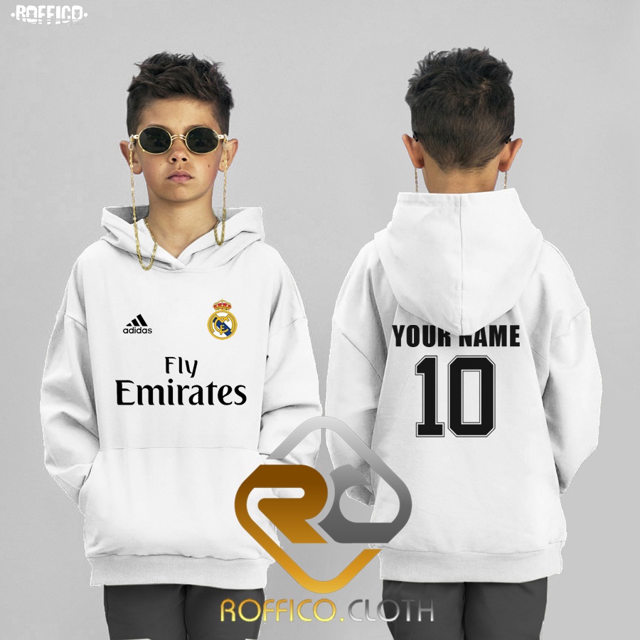 Jaket Hoodie Sweater Anak real madrid fly emirates BISA Custom Nama Dan Nomor