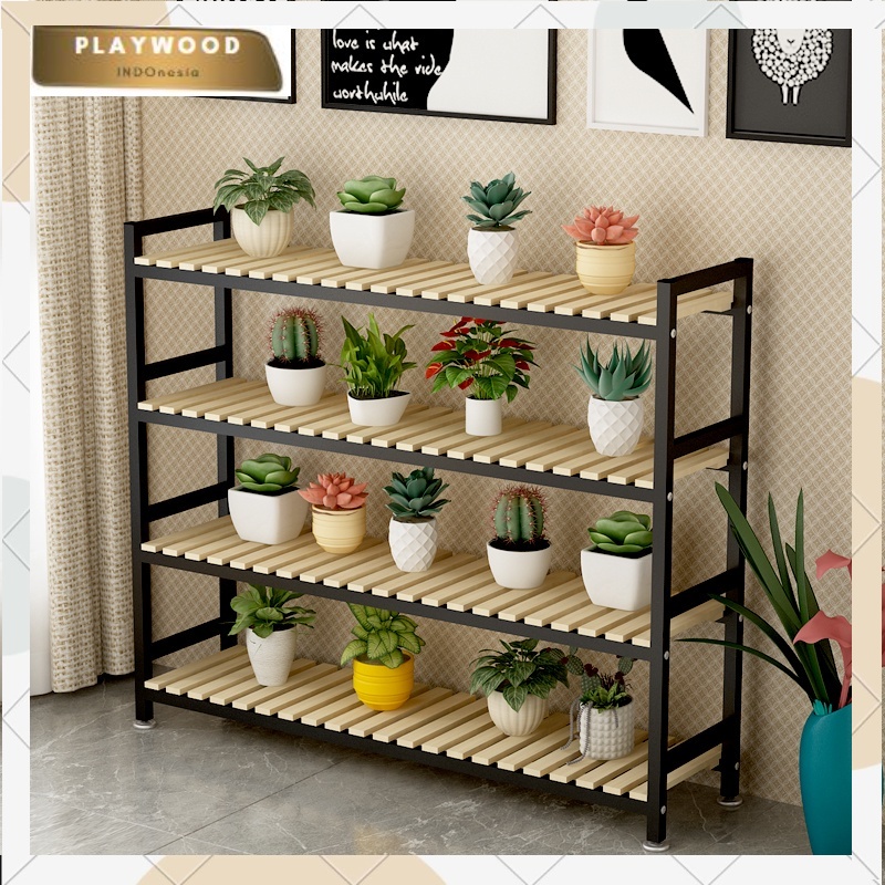 PROMO Wooden Shelf 4 Susun / Rak Kayu Besi IMPOR / Rak Serbaguna / Rak Samping