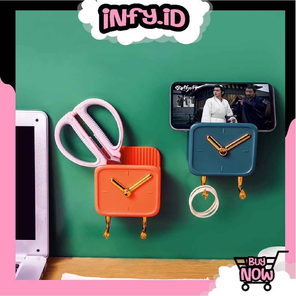 INFY - Rak Handphone Dinding Tempel Model Jam / Holder HP Tempel Dinding Rak Serbaguna / Rak 2 Kait Gantung Serbaguna R770
