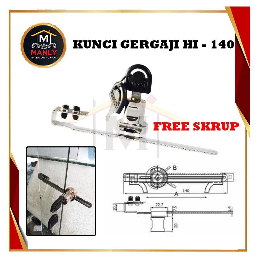 Kunci Gergaji HL 140 / Kunci Kaca Pintu Geser HI 140 / Kunci Kaca Etalase Geser Huben HL 140... FREE SEKRUP