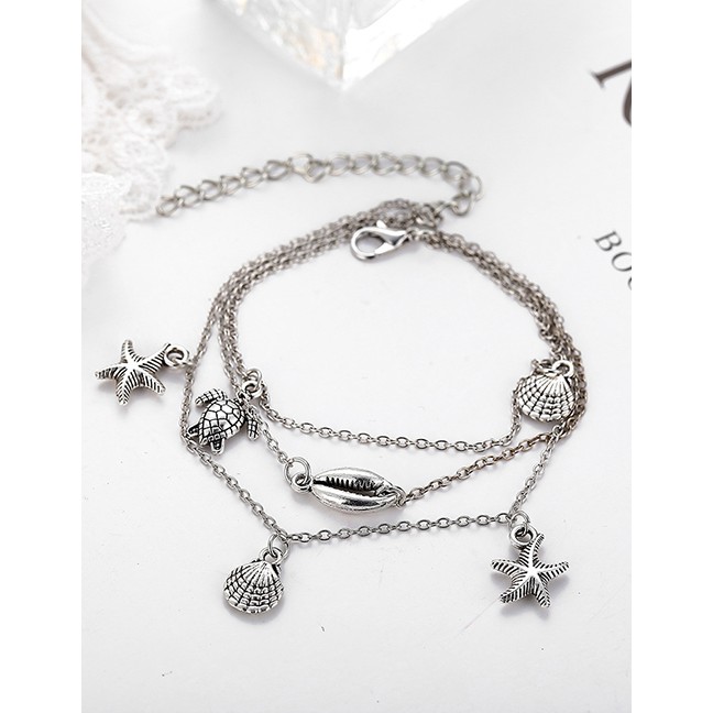 LRC Gelang Kaki Fashion Silver Metal Shell Starfish Turtle Multi-layered Anklet F74812