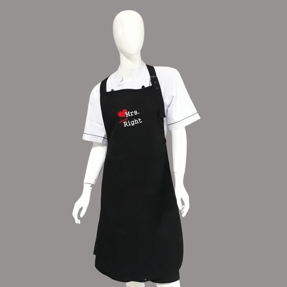 Chef Wear Apron / Celemek Full Hitam Bordir Mrs. Right