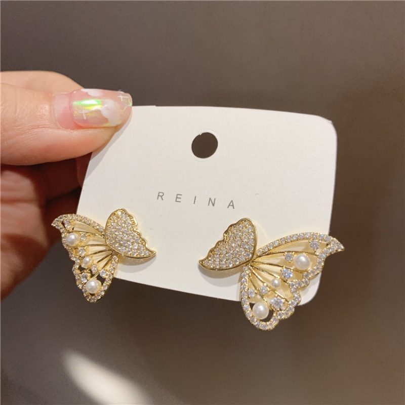 Anting Tusuk Gantung Bahan Sterling Silver 925 Desain Kupu-Kupu + Mutiara Gaya Korea Untuk Wanita Butterfly