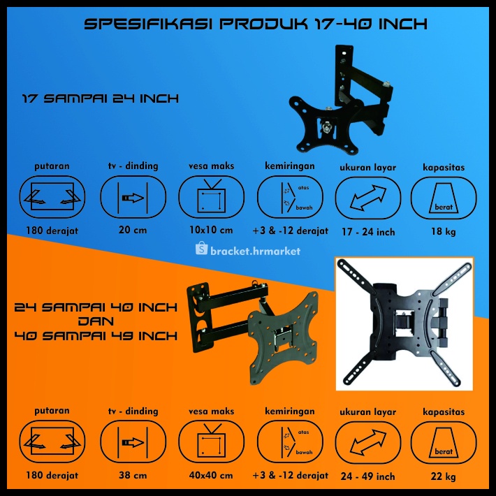 Bracket TV LED LCD 50 43 32 40 42 49 24 21 29 17 14 Inch Dijamin Cocok 14 - 50 In 6 Arah Universal Breket TV Briket TV Braket TV Gantungan TV Tembok Tempelan TV Dinding HR1 Taffware X400