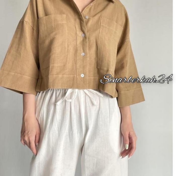 Kemeja Crop Linen Pocket / Kemeja Outer Crop Linen / Oversized Shirt Linen / Atasan Wanita / Outer W