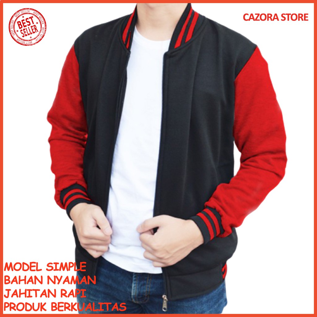 JAKET PRIA Jaket Baseball Varsity Polos Hitam - Merah PARASUT PARKA COWOK WATERPROOF CEWEK COD