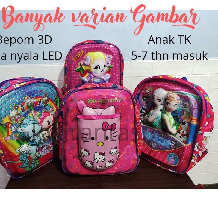 RaB㊠ Tas anak sekolah TK boba / ukuran TK cewe perempuan /tas terlaris / / tas lampu led / bepom 3d 