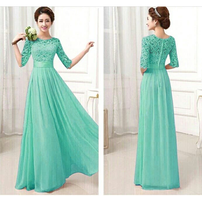 Ready          [DRESS JULIAN TOSCA SL] Dress wanita brukat hijau tosca