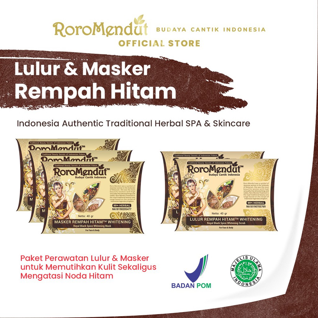 

Roro Mendut Paket Lulur & Masker Rempah Hitam Premium Size 40 gr (2 Lulur & 3 Masker)