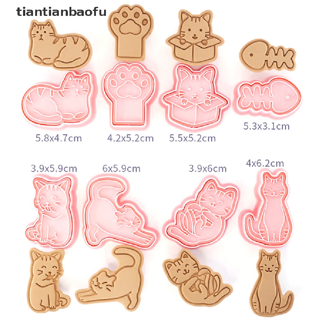 8pcs / set Cetakan Pemotong Kue / Biskuit Bentuk Kartun Hewan Kucing 3D Bahan Plastik Model Tekan Untuk Dapur