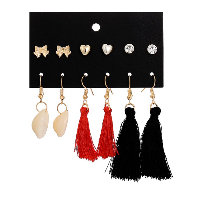 LRC Anting Set Fashion Color Shell Fringed Beach Heart Shaped Earrings Set 6 Pairs F76196