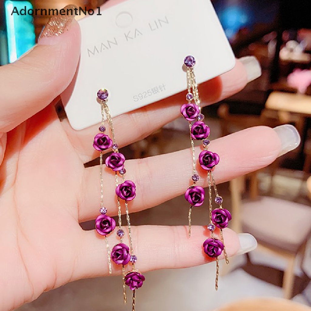 (AdornmentNo1) Anting Gantung Panjang Kait Motif Kelopak Bunga + Rumbai Untuk Perhiasan Wanita / Pernikahan