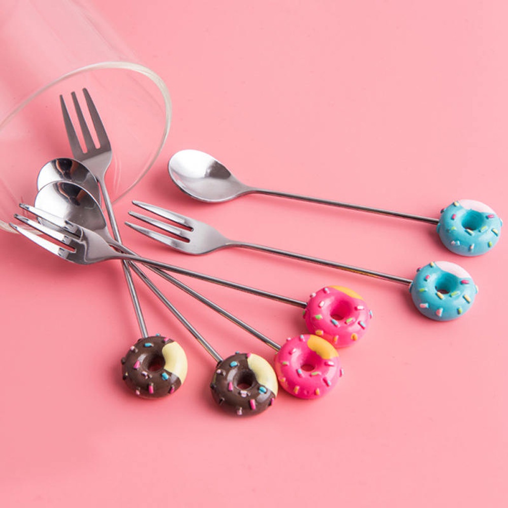 REBUY Doughnut Teaspoon High Quality Fruit Fork Coffee Spoon Ice Cream Kitchen Tool Creative Stainless Steel Fashion Sugar Stirring Spoon