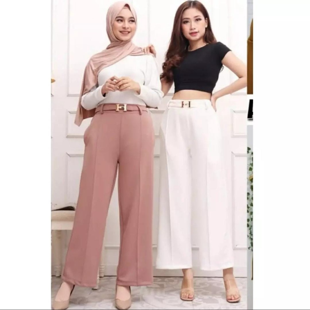Highwaist Celana Panjang Scuba Variasi//Kulot Scuba Logo H Belt