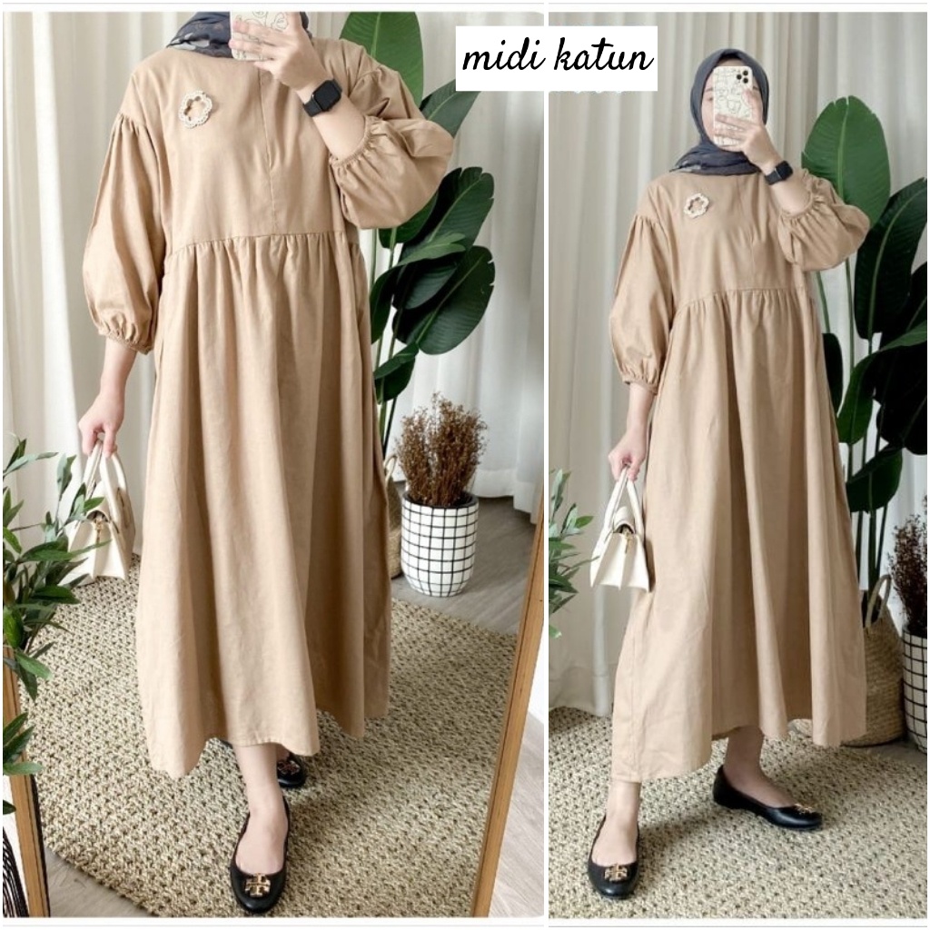 MIDI DRESS RAYON KERAH RENDA / Coral Midi Tunik Rufle Kancing Busui / HomeyDress