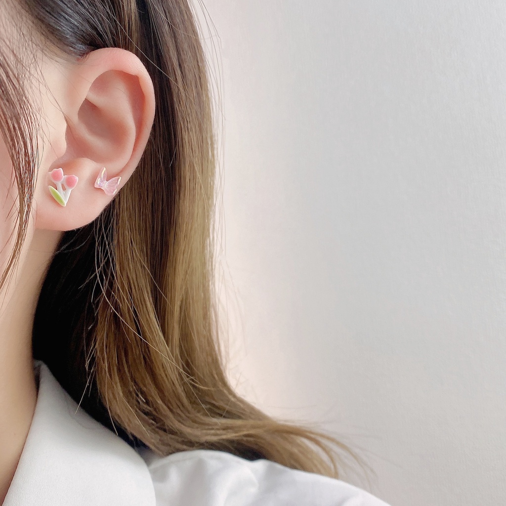 IFYOU 3pcs / set Anting Stud Desain Tulip Kupu-Kupu Hati Gaya Vintage Korea Untuk Wanita