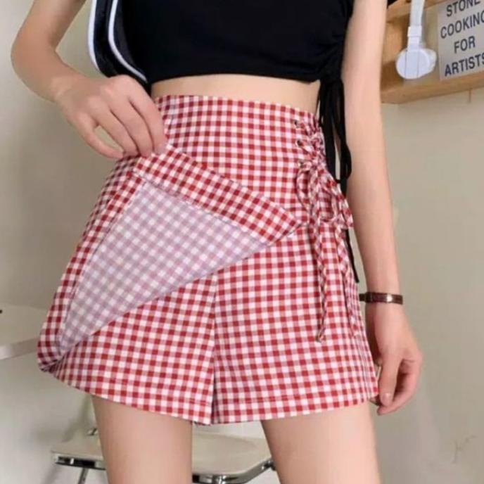 rok kotak kotak mini skirt pendek wanita bawahan anak remaja korea