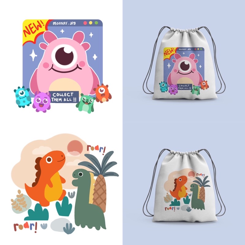 Tas Serut atau String Bag Bergambar Cute Karakter Dino/Monster/Zoo