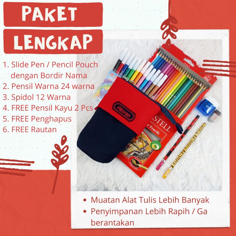 

Tempat Pensil 1 Paket dengan Pensil Warna Spidol Slide Pen / Pencil Pouch Custom Nama alat Tulis anak