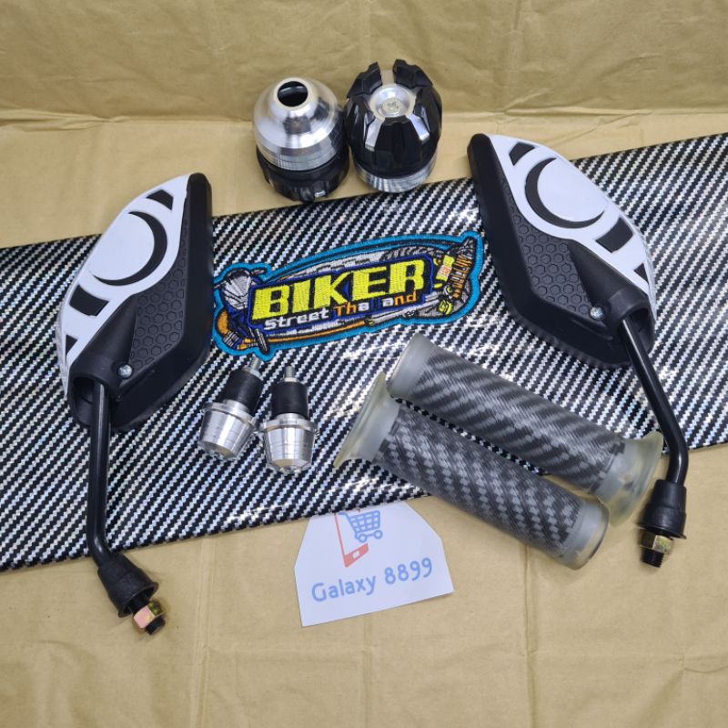 Paket Yamaha-Kulit Jok Karbon Silver+Jalu Stang+Handgrip Karbon+Jalu As+Spion SPS Putih Yamaha