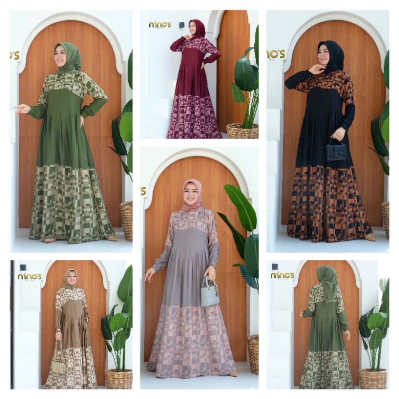 Ready gamis terbaru by ninos design/flowy print/busui friendly/wudhu friendly/original branded/fashi