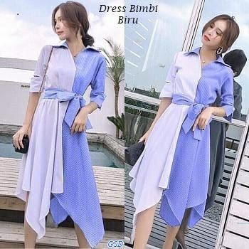 Bimbi /Baju Kasual Terusan Midi Dress Wanita Santai Kerah Kemeja Bahan Twiscone Kombi Katun Salur Ada Belt Size L