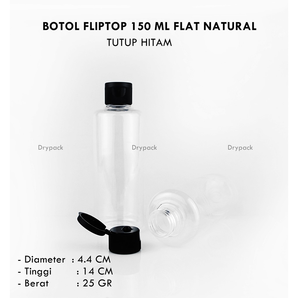 Botol fliptop 150 ml Flat Natural tutup Hitam