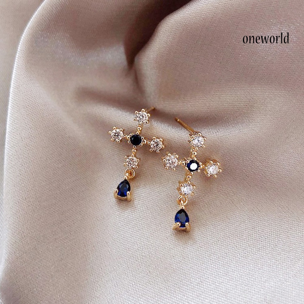 OW# Fashion Women Faux Sapphire Rhinestone Alloy Cross Ear Stud Earrings Jewelry Gift