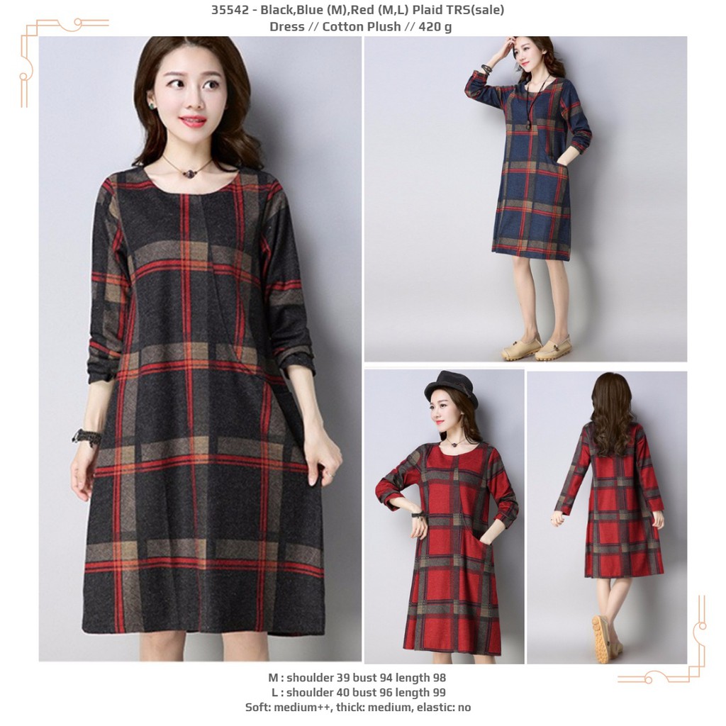 SALE Tunik Plaid Lengan Panjang Motif Kotak-kotak Merah HItam Import motif grid, motif plaid