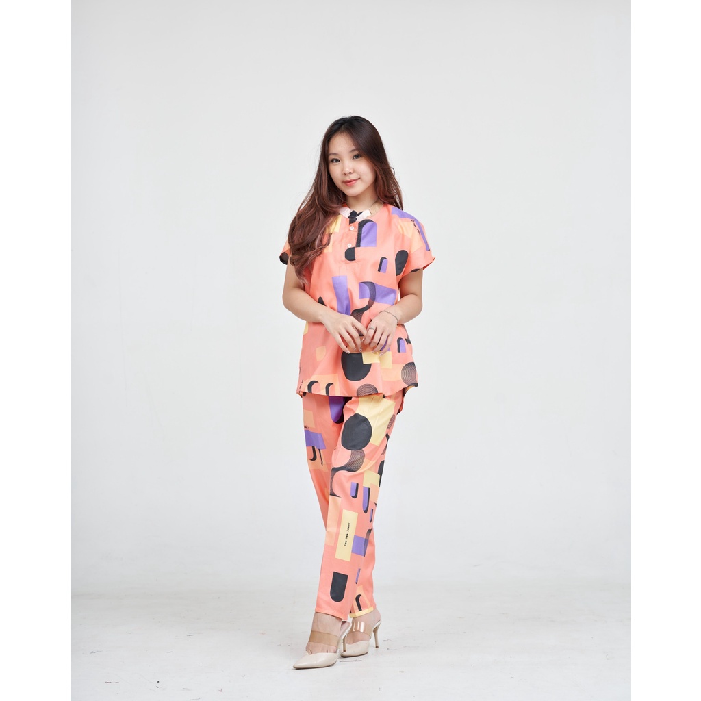 IZANY Piyama Dewasa Daily Set / One Set Aeon all size Lengan Pendek Allsize-ART ORANGE