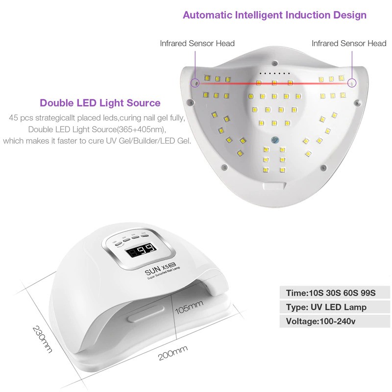 Bisa COD Alat Kecantikan Pengering Kutek Kuku UV LED Nail Dryer 120W - Dmoley SUN X5 Max White