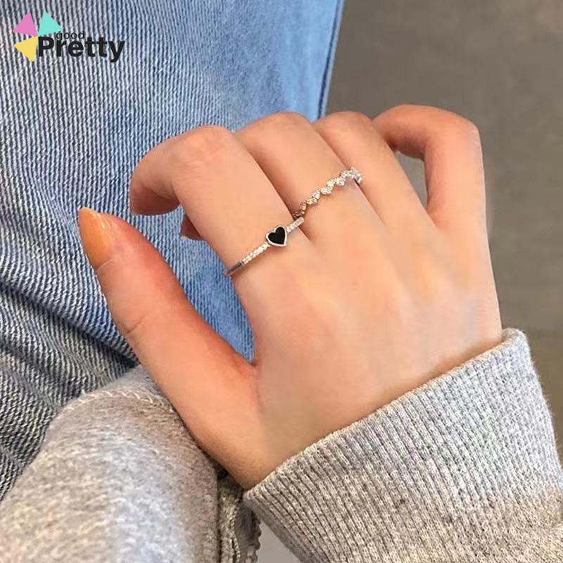 2Pcs Cincin Jari Telunjuk Bahan Zirkon Warna Hitam Untuk Wanita - PD
