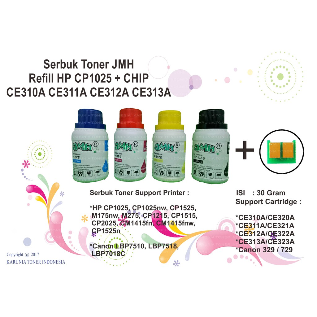 Serbuk Toner JMH Refill HP CP1025 + CHIP CE310A CE311A CE312A CE313A