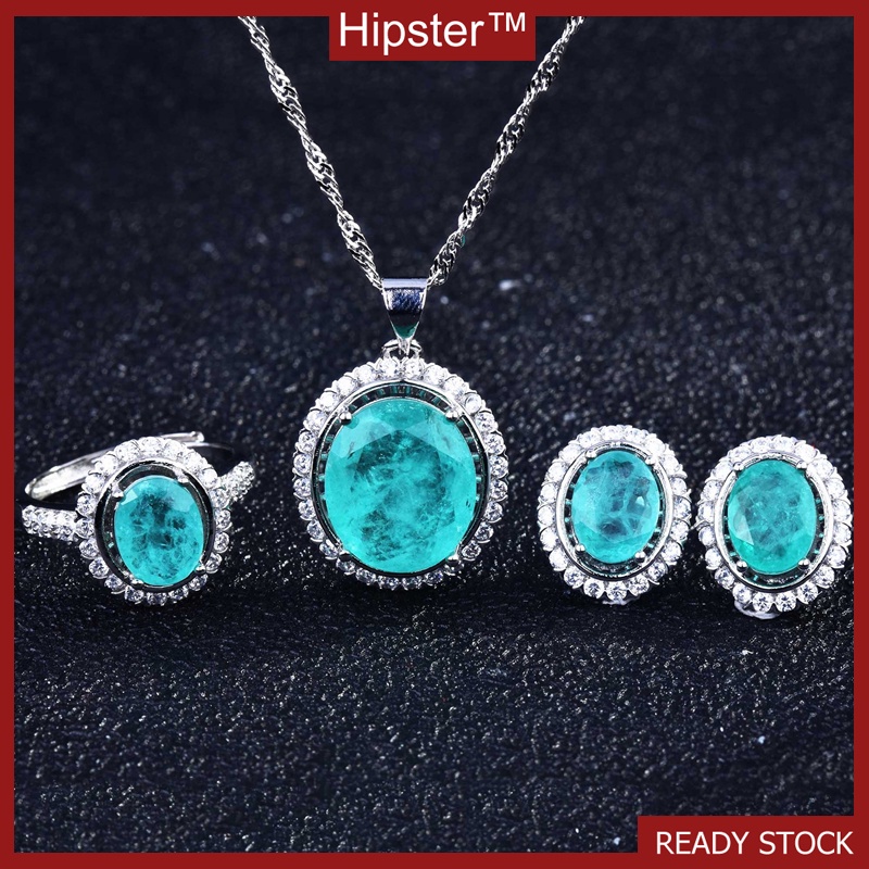 Brazil Paraiba Colored Gems Rings Ear Studs Pendant Set