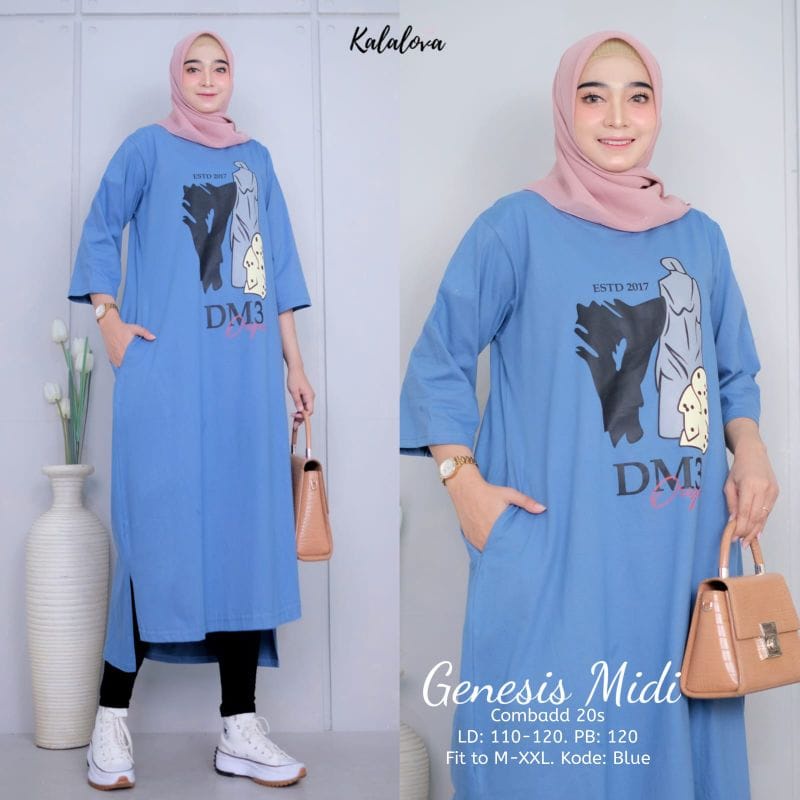 Midi dress wanita Genesis midi dress bahan kaos katun combed 24s Aplikasi sablon size s-xxl ld 90 - 120 cm Pakaian muslim wanita Dres wanita model terbaru Gamis wanita jumbo Long tunik wanita korean style warna hitam