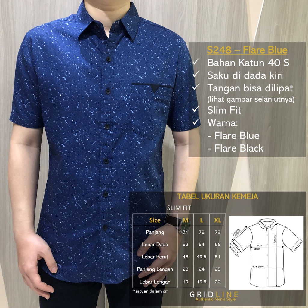 [GRIDLINE - S344 Arctic White &amp; Sapphire Navy - S248 Flare] Kemeja Pria Lengan Pendek Slimfit Katun Motif Simple Keren M-XXL