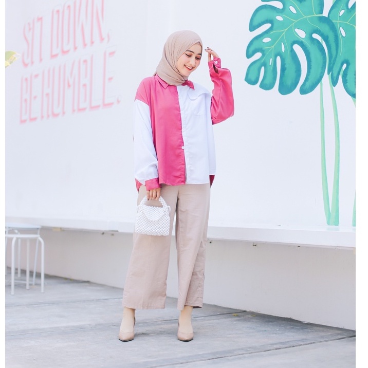 (DBY) KEMEJA ATASAN AGALA TWO TONE BLOUSE DAILY OVERSIZE WOLFIS