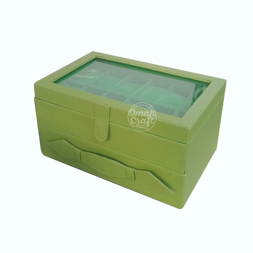 HIJAU FULL - Kotak Jam Tangan isi 12 Mix Perhiasan / Box Tempat Jam Tangan Arloji / Watch Box